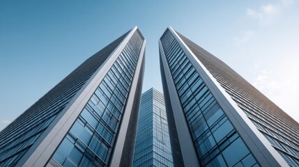 Obraz premium Modern skyscrapers with glass facade reaching towards the blue sky, showcasing architectural design and urban landscape in a vibrant city environment