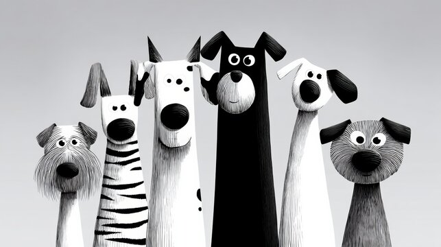 Group of cartoon dogs are standing in a row, with one of them being a black and white dog. The image has a playful and lighthearted mood