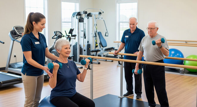 Medical worker helps elderly people perform sports rehabilitation exercises with dumbbells and fitball in gym. Physiotherapist helps pensioners in rehabilitation center