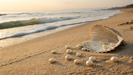 Luxury Beach Treasures: Pearls, Seashells & Sandy Shoreline at Sunset