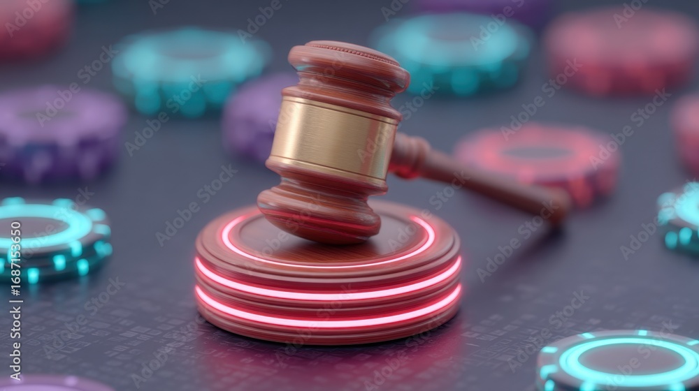 Poster abstract representation of a gavel on a digital interface surrounded by glowing gears, symbolizing j