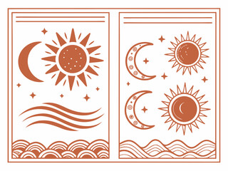 Bohemian Sun Moon Stars and Waves Illustration Set flat vectorized