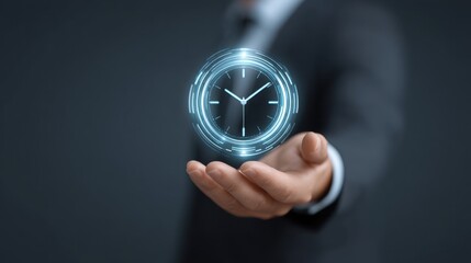 Businessman in Suit Holding Holographic Image of Clock Concept of Time Management, Technology, Innovation, and Future in Business Environment