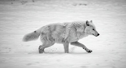 A lightcolored wolf is captured in motion appearing to run through a snowcovered ground with its fur coat clearly visible