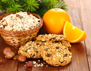 Oatmeal raisin cookies with orange slices and granola