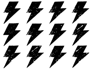Twelve Black Lightning Bolt Icons with Heavy Grungy Texture on White Background thunderbolt electricity