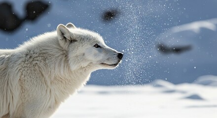 A white wolf faces right against a snowy backdrop as snow particles float near its snout