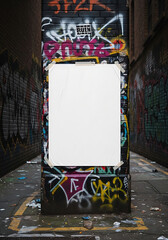 Blank white vertical poster mockup with pasted edges on a vibrant graffiticovered urban pillar.