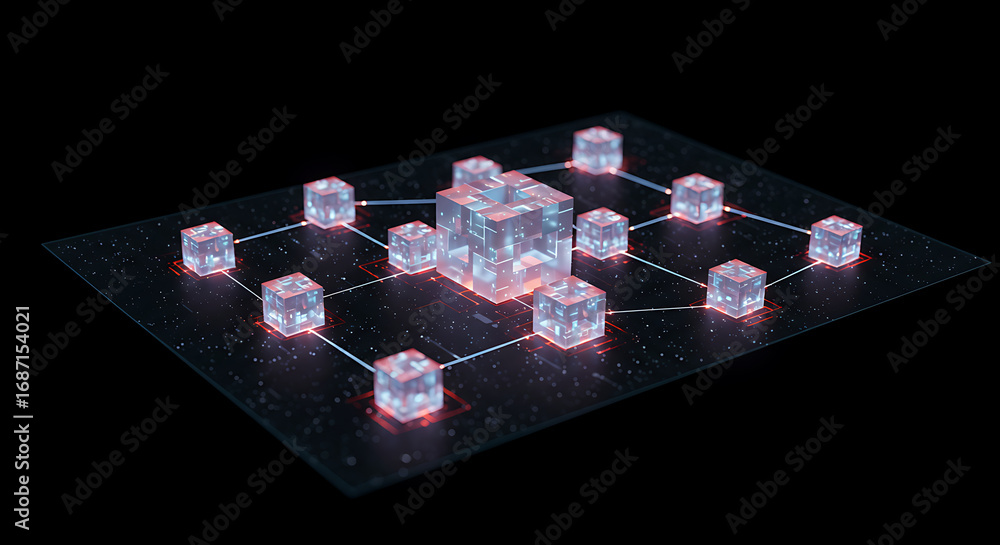 Poster blockchain network: an abstract representation of a blockchain network, showcasing interconnected no