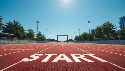 The finish line is visible far away on the stadium track at the starting point.