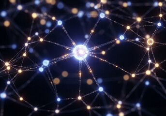 Abstract glowing network of interconnected nodes and lines, symbolizing data, technology, and neural pathways.