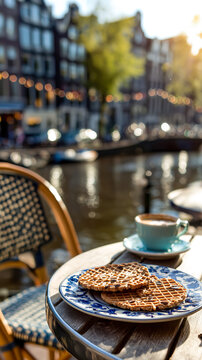 Enjoying stroopwafels and coffee at a waterside caf&eacute; in a European city. The perfect cozy setting for a delicious treat.