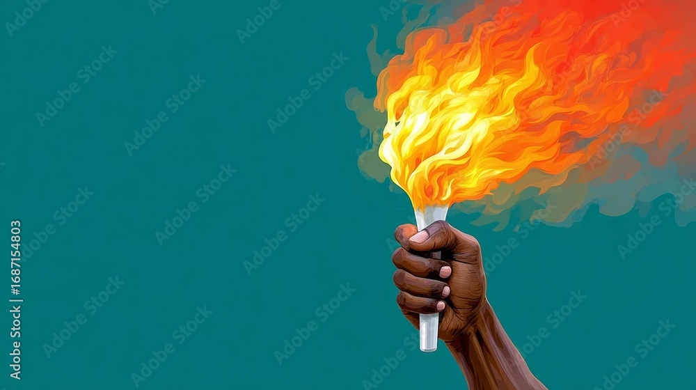 Poster hand holding a torch with a flame. the image is of a person holding a torch with a flame