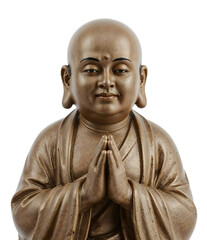 Bronze buddhist monk statue with praying hands and peaceful expression on the transparent background