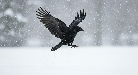 A raven takes flight midair amid a heavy snowfall