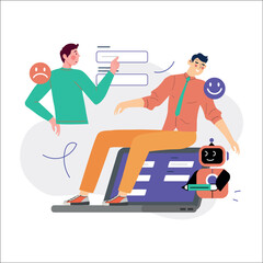 People fill survey forms with AI support. Characters leave feedback manually, by voice, and through chatbot conversation. Vector Illustration