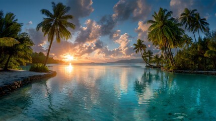 Beautiful tropical beach sunset paradise with palm trees and turquoise water for summer vacation travel
