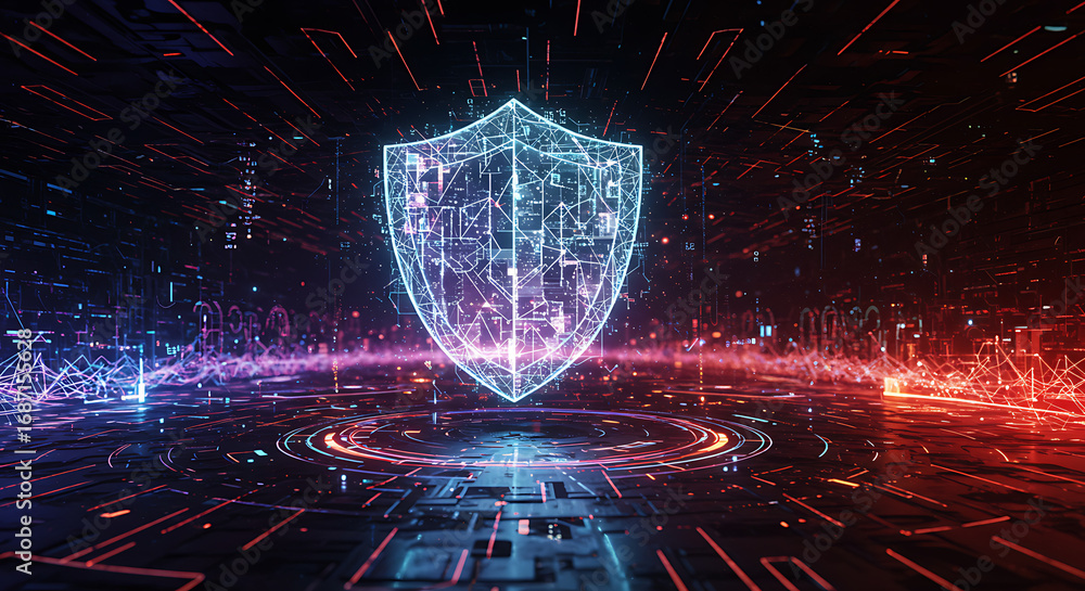Poster digital fortress: a glowing digital shield, symbolizing data protection and cybersecurity, positione