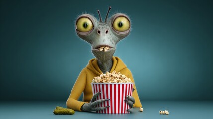 Cartoon character is holding a red and white popcorn bucket and eating popcorn. The character has a creepy, alien-like appearance and is looking at the camera