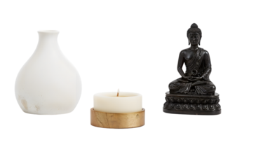 Minimalist meditation altar with buddha statue, white vase, and candle for zen home decor and mindfulness spaces