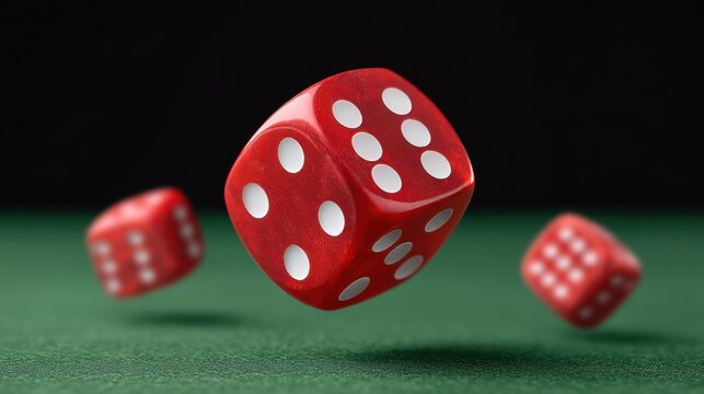 Red Dice in Motion on Green Surface, Capturing the Excitement of a Game Night, Ideal for Concepts of Luck, Chance, and Gambling Fun Enthusiasts