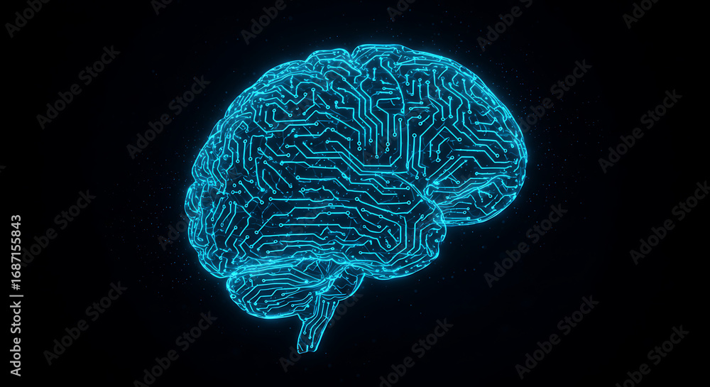 Poster digital brain: an illuminating digital representation of the human brain, rendered with intricate ci