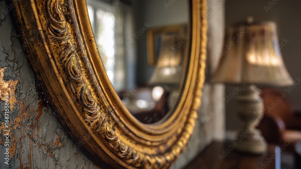 Poster medium shot of a weathered ornate mirror reflecting soft light with the surrounding eclectic furnish