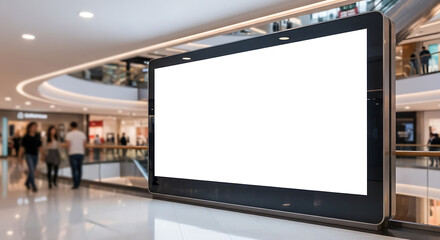 Large Rectangular Advertising Billboard with Blank White Screen in a Mall.