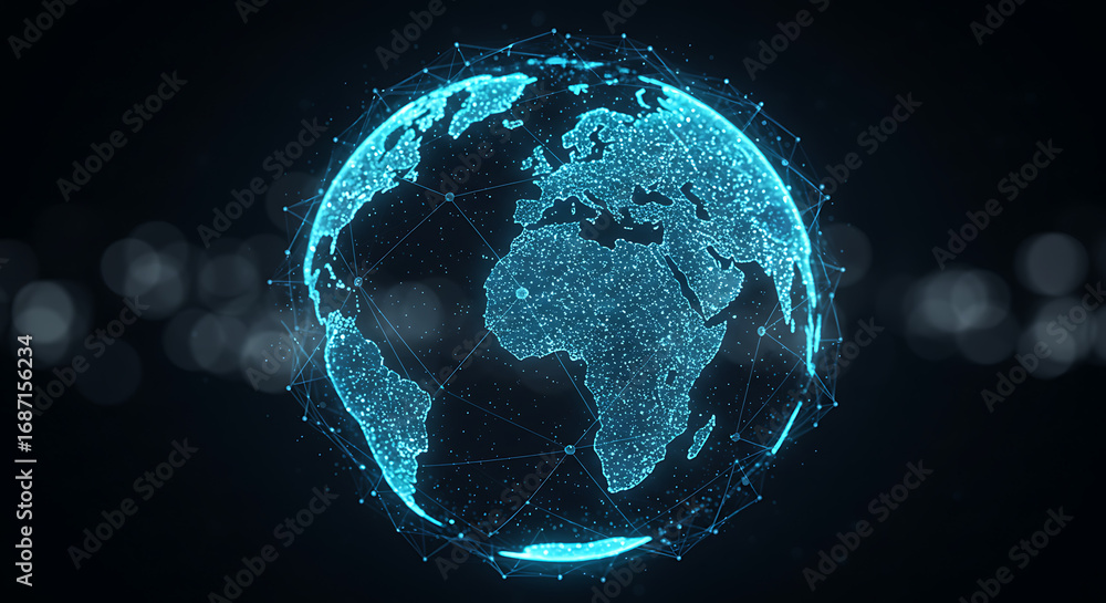 Poster digital globe: a mesmerizing digital rendering of earth, intricately composed of luminous blue inter