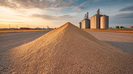 A Large Pile of Grain with Silver Silos in the Background Under a Beautiful Sunset Sky, Showcasing Agriculture and Farming Lifestyle