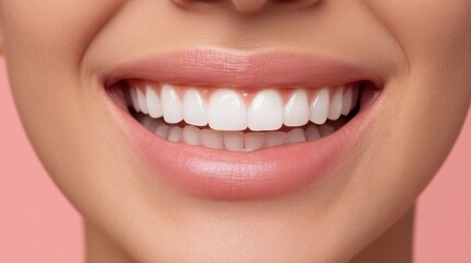 Obraz premium Close-Up of a Smiling Woman's Perfect Teeth and Healthy Gums Promoting Oral Hygiene on a Soft Pink Background for Beauty and Dental Care Themes