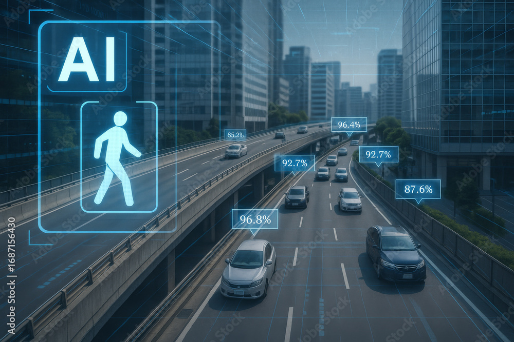 Poster futuristic cityscape with ai driven autonomous cars on highway, displaying real time data and analyt