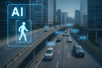 Futuristic cityscape with AI driven autonomous cars on highway, displaying real time data and analytics