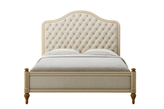 French provincial bed with luxury tufted cream headboard diamond quilting golden buttons wooden frame neutral bedding on transparent background. 