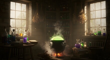 Mystical Alchemist's Lab with Bubbling Cauldron and Glowing Green Potion