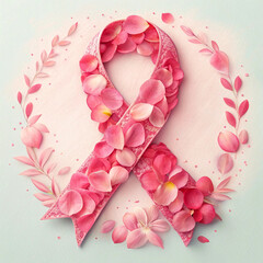 Pink ribbon made of delicate flower petals symbolizing breast cancer awareness and hope