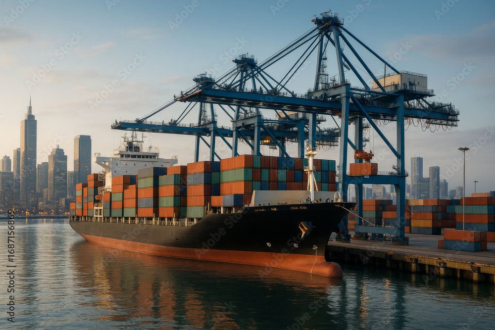 Poster cargo ship loaded with colorful containers docked at busy port with cranes and city skyline in backg