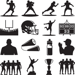 American Football Player and Game Icons Silhouette Set vector illustration