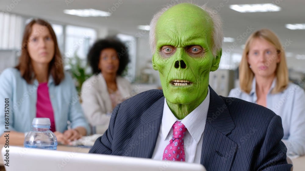Poster man in a green suit with a skull on his face sits at a desk with a laptop. he is surrounded by three