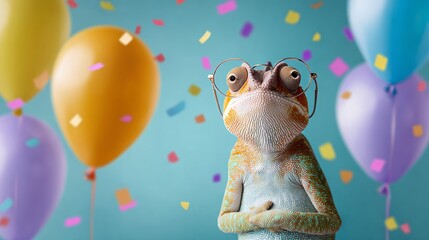 Frog wearing glasses stands in front of a bunch of balloons. The balloons are in various colors, and the frog is surrounded by confetti. The image conveys a festive and playful mood