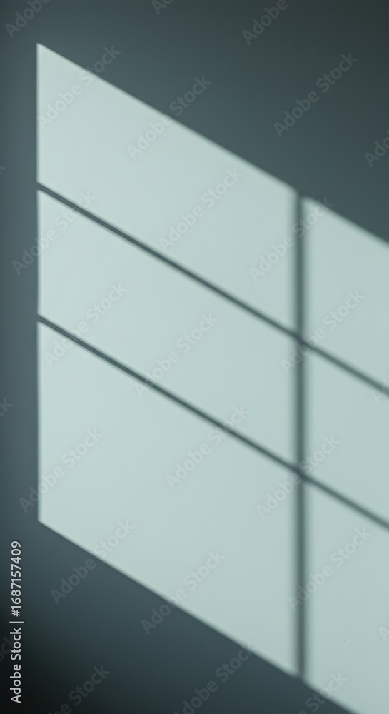 Poster light and shadow cast by a window frame creates geometric shapes on a wall.