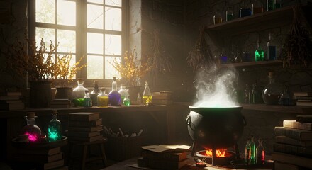 Mysterious Alchemy Lab with Bubbling Cauldron & Glowing Potions. Fantasy Wizard's Workshop Interior.
