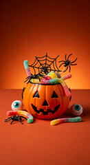 Halloween pumpkin bucket filled with gummy worms, plastic spiders, and web, eye candy on orange background, festive treat, spooky fun