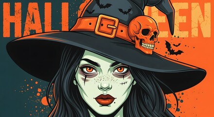Closeup portrait of a scary witch with a black hat adorned with a skull and buckle, halloween theme