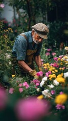 Elderly man tending to vibrant flowers in a garden