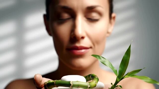A serene woman with closed eyes gently holds smooth white stones and a green bamboo sprout in her cupped hands, symbolizing peace and wellness