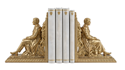 Elegant gold bookends with seated gentleman sculptures and classic white books on the transparent background