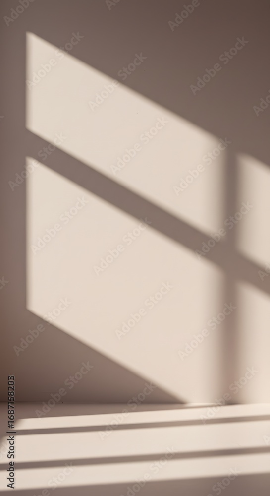 Poster abstract view of light and shadow patterns cast on a neutral beige wall and floor, creating geometri