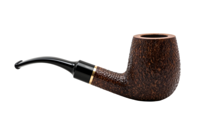 Classic brown briar tobacco pipe with curved black stem isolated on the transparent background for smoking enthusiasts and collectors