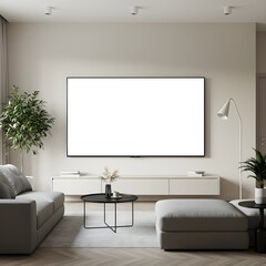 Modern Minimalist Living Room with Blank TV Screen Neutral Tones and Stylish Furniture.
